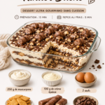 Un tiramisu Kinder Bueno servi dans un joli plat, avec une couche de crème et des morceaux de chocolat.