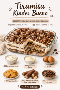 Un tiramisu Kinder Bueno servi dans un joli plat, avec une couche de crème et des morceaux de chocolat.