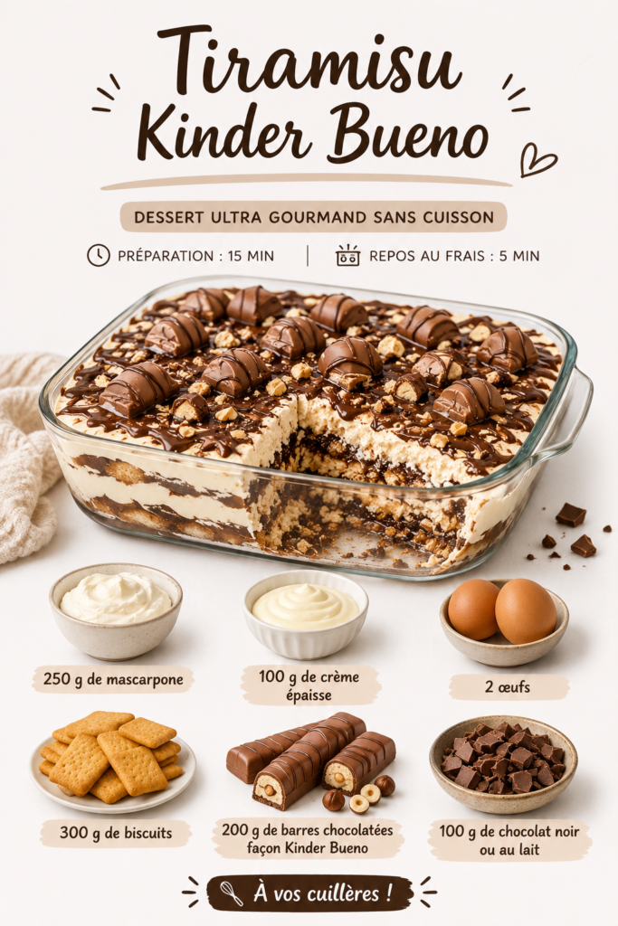 Un tiramisu Kinder Bueno servi dans un joli plat, avec une couche de crème et des morceaux de chocolat.