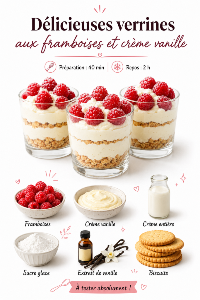 Verrines élégantes aux framboises et crème vanille