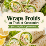 Wraps froids au thon et concombre sur une assiette, prêts à être dégustés.