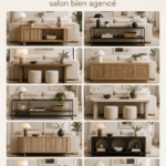 Espace aménagé avec des étagères et des plantes derrière un canapé dans un salon moderne.