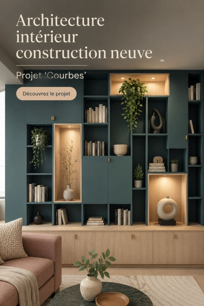 Aménagement moderne d'un salon avec caissons muraux et meubles intégrés.