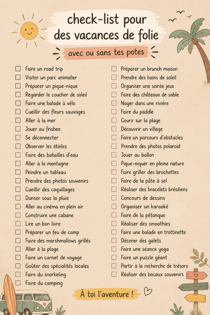Une check-list colorée sur un fond d'équipements de voyage, illustrant la préparation des vacances.