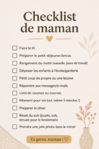 Une maman consultante sa checklist organisée sur un bureau chaleureux.