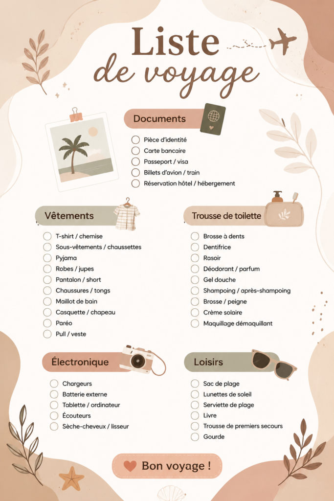 Une checklist de voyage colorée avec des éléments à cocher pour une préparation sereine.