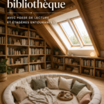Aménagement d'un coin lecture confortable dans un grenier avec étagères et fauteuil