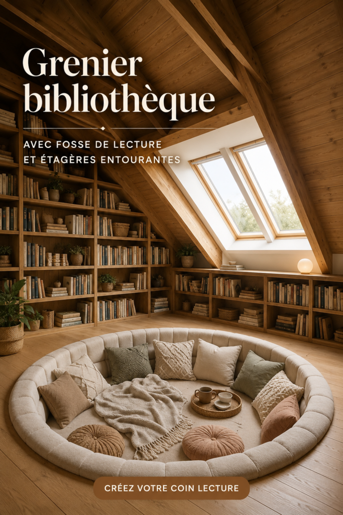 Aménagement d'un coin lecture confortable dans un grenier avec étagères et fauteuil