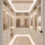 Dressing blanc en U moderne et lumineux dans une chambre élégante.