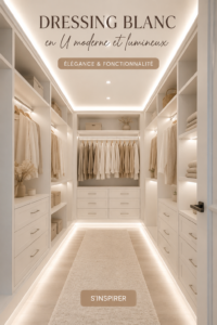 Dressing blanc en U moderne et lumineux dans une chambre élégante.