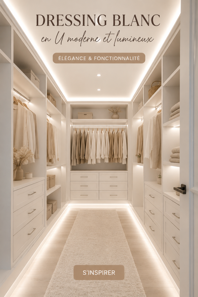 Dressing blanc en U moderne et lumineux dans une chambre élégante.