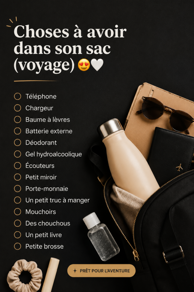 Sac de voyage ouvert avec des objets essentiels à l'intérieur.