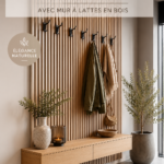 Hall d'entrée moderne au style scandinave avec des murs en lamelles de bois