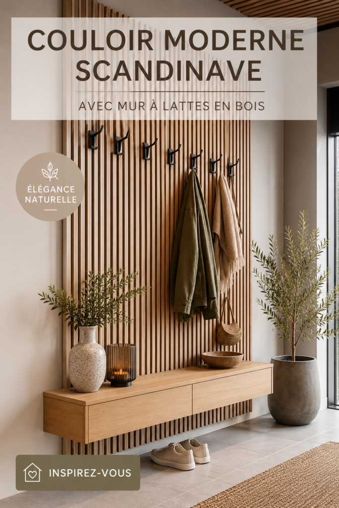 Hall d'entrée moderne au style scandinave avec des murs en lamelles de bois