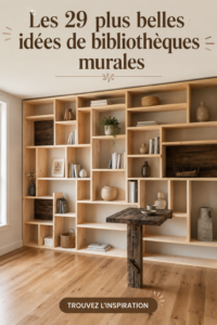 Bibliothèque murale moderne en bois avec des livres et des objets décoratifs.