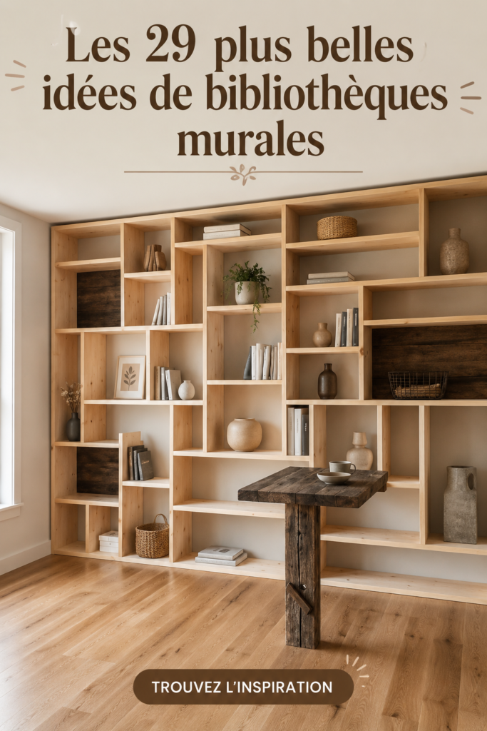 Bibliothèque murale moderne en bois avec des livres et des objets décoratifs.