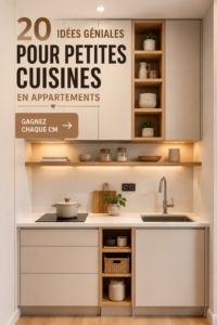 Une petite cuisine bien aménagée avec des petits rangements pratiques et élégants.