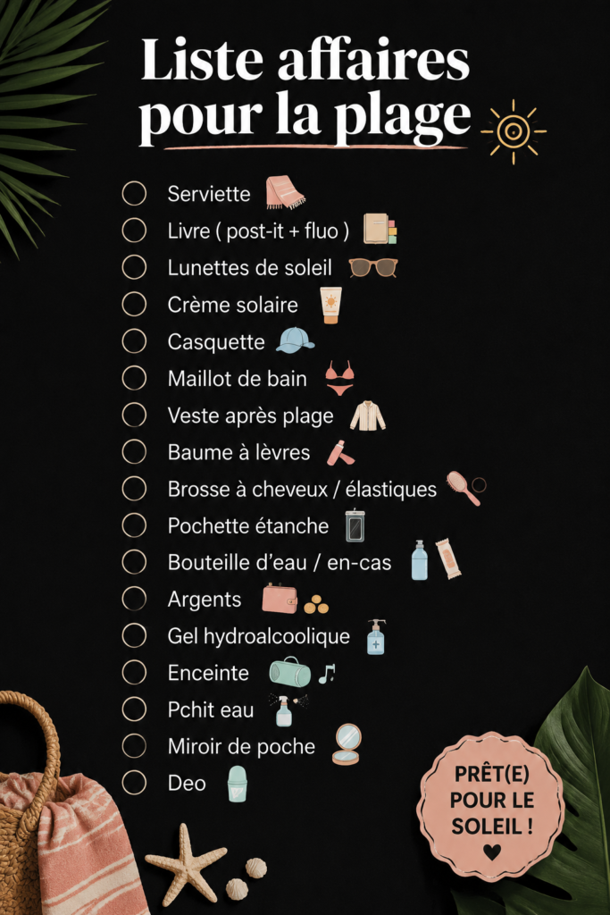 Femme préparant sa valise avec une liste d'affaires pour aller à la plage