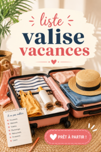 Femme préparant sa valise pour les vacances avec une liste à la main.