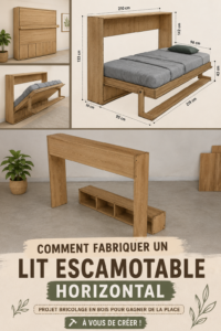 Lit escamotable horizontal en bois dans une chambre moderne.