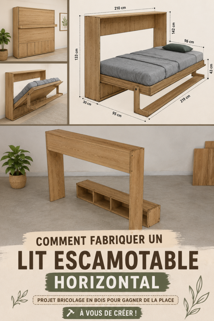 Lit escamotable horizontal en bois dans une chambre moderne.