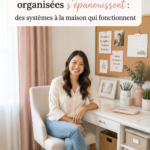 Une maman heureuse dans une maison bien organisée, illustrant les systèmes efficaces.