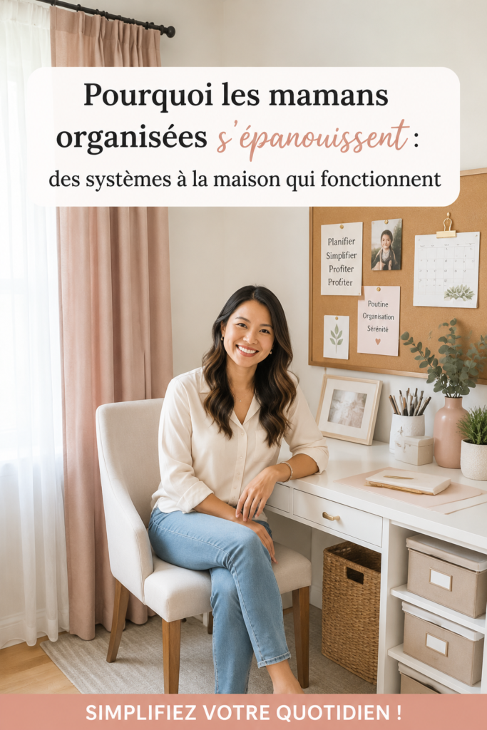 Une maman heureuse dans une maison bien organisée, illustrant les systèmes efficaces.