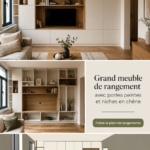Un meuble de rangement élégant avec portes peintes et niches en chêne dans un intérieur moderne