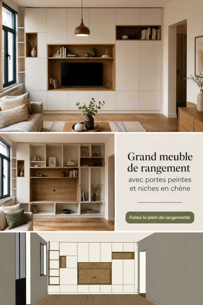 Un meuble de rangement élégant avec portes peintes et niches en chêne dans un intérieur moderne
