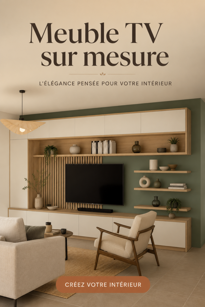 Meuble TV sur mesure en bois sur fond d'un salon moderne et chaleureux.