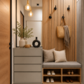 Un meuble à chaussures design dans une entrée moderne, bien rangé et stylé.
