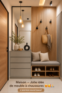 Un meuble à chaussures design dans une entrée moderne, bien rangé et stylé.