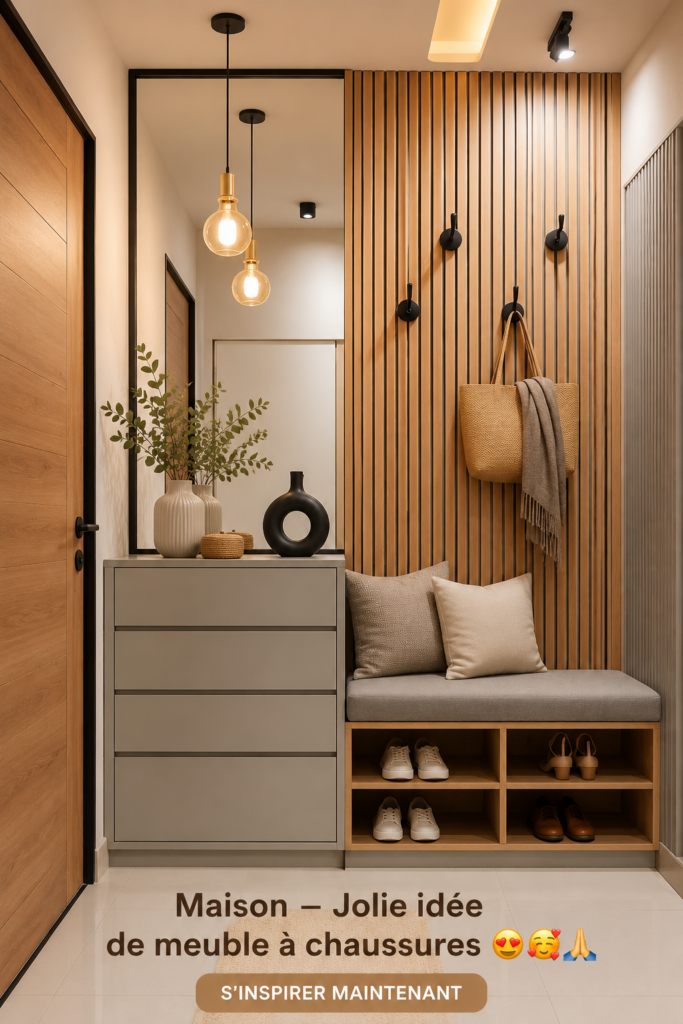 Un meuble à chaussures design dans une entrée moderne, bien rangé et stylé.
