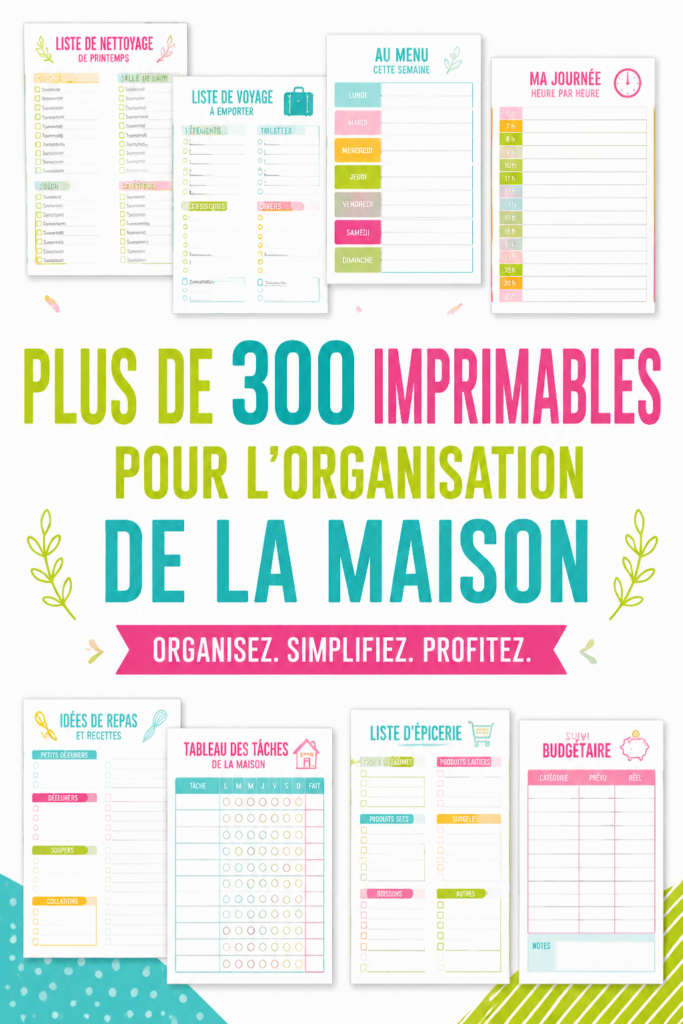 Un collage de divers modèles d'organisation pour la maison, incluant des planificateurs et des listes de tâches.