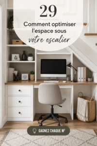 Espace optimisé sous un escalier avec des étagères et une chaise confortable.
