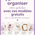 Modèles gratuits de planification digitale pour mamans, avec un écran d'ordinateur et des éléments colorés.