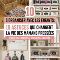 Une maman souriante organise les affaires scolaires de ses enfants.