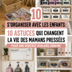 Une maman souriante organise les affaires scolaires de ses enfants.
