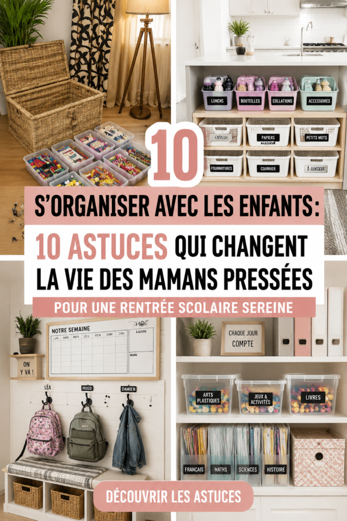 Une maman souriante organise les affaires scolaires de ses enfants.