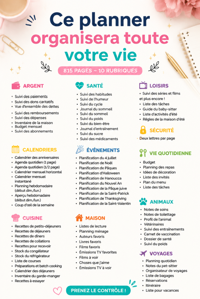 Un planner ouvert avec des notes et des stylos sur une table en bois, illustrant l'organisation personnelle.