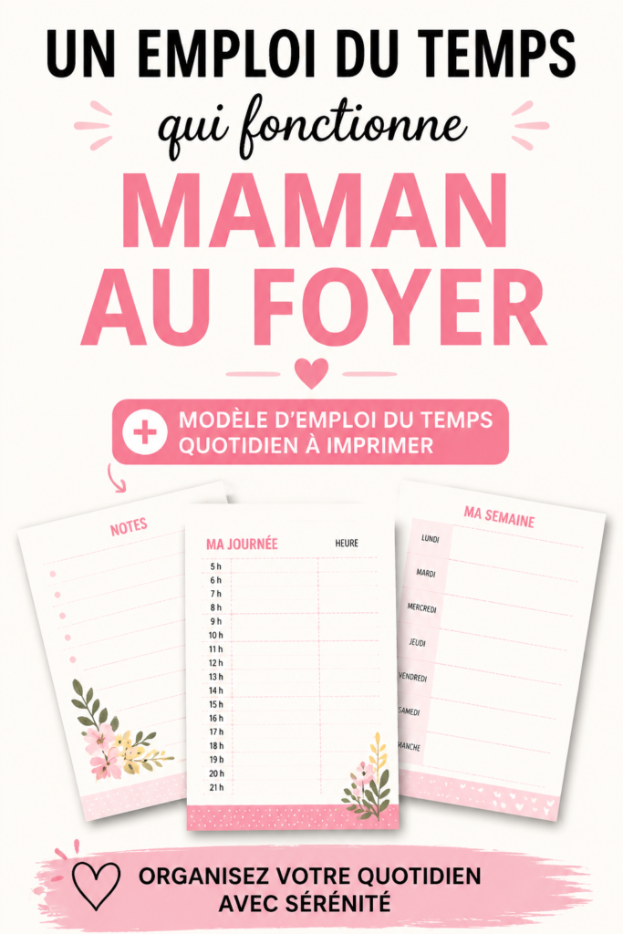 Une maman souriante avec ses enfants autour d'une table, illustrant un emploi du temps familial