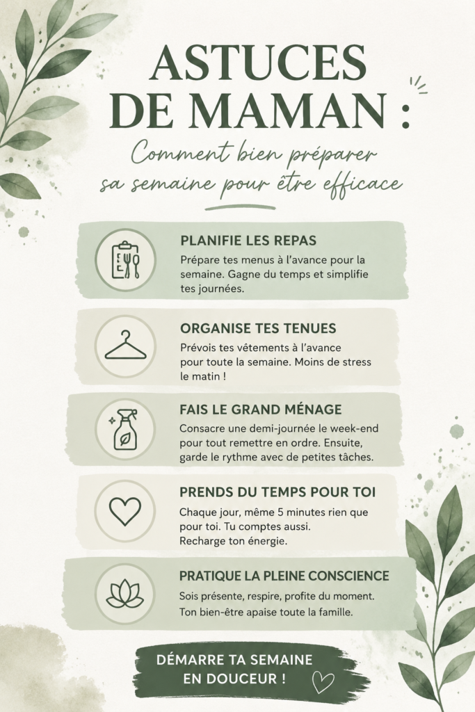 Une maman organisée préparant sa semaine avec un planning et des fournitures de bureau.