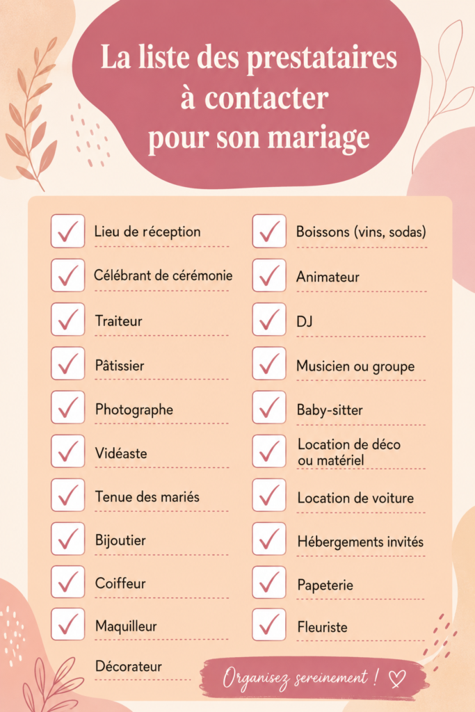Vue d'ensemble d'une liste de prestataires pour un mariage, avec des éléments clés détaillés