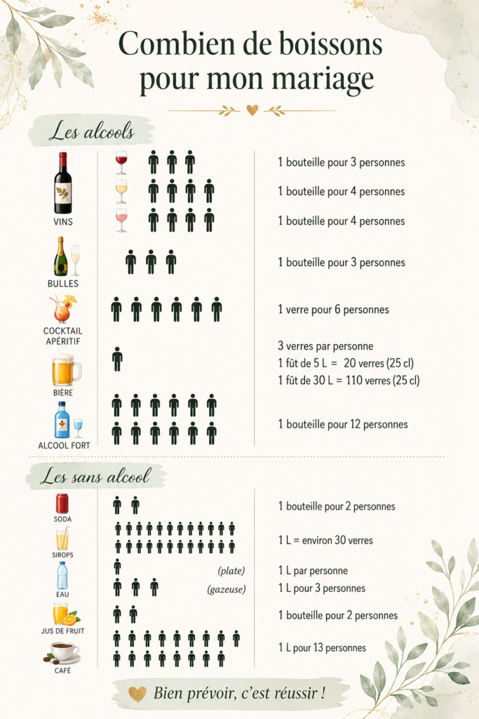 Table garnie de boissons pour un mariage, illustrant une belle décoration