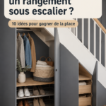 Un espace de rangement sous un escalier bien organisé avec des étagères et des paniers.