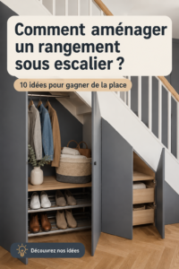 Un espace de rangement sous un escalier bien organisé avec des étagères et des paniers.