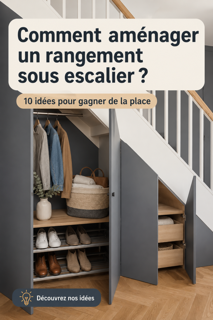Un espace de rangement sous un escalier bien organisé avec des étagères et des paniers.
