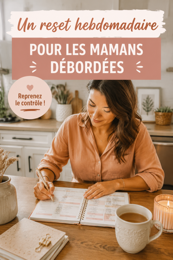Image d'une maman organisée planifiant sa semaine avec un agenda et un café