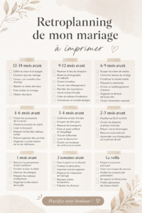 Un modèle de rétroplanning mariage imprimé sur une table de travail