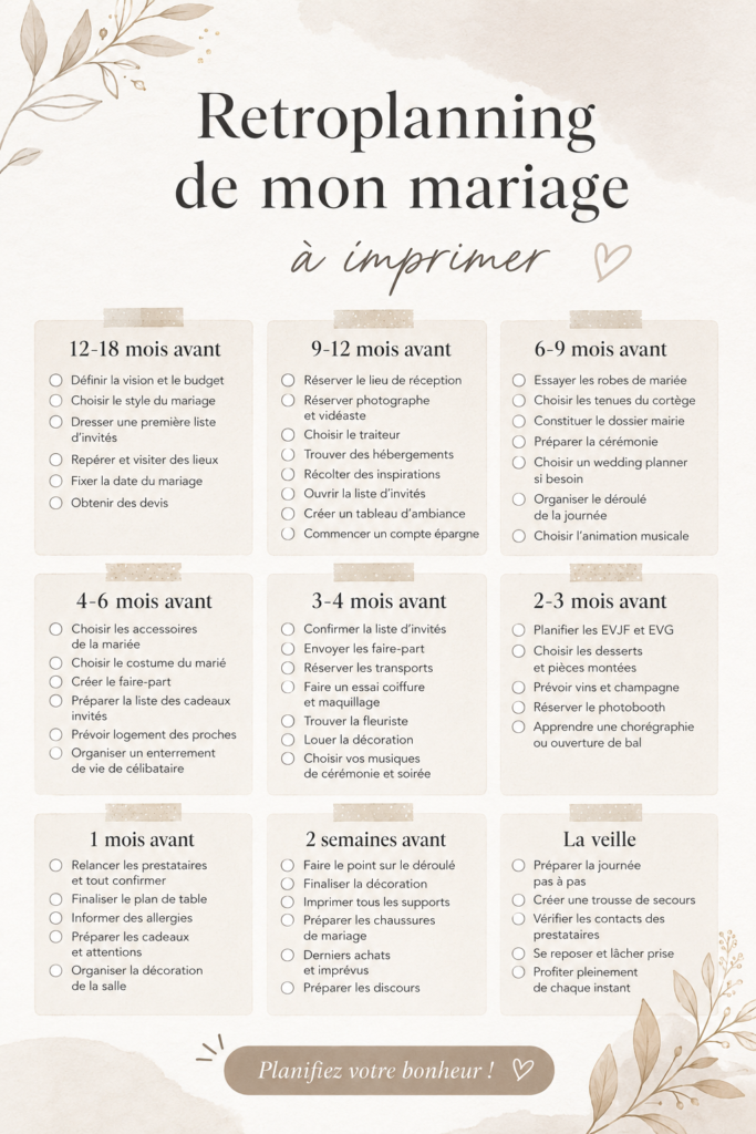 Un modèle de rétroplanning mariage imprimé sur une table de travail